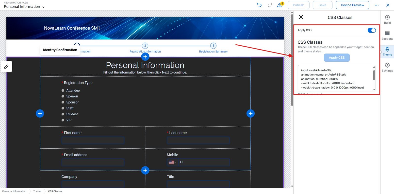 Adding a custom CSS autofill fix through Cvent's Theme Settings | Attendeegain