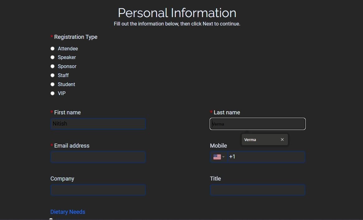 Chrome autofill overriding dark theme text color on a Cvent registration form | Attendeegain