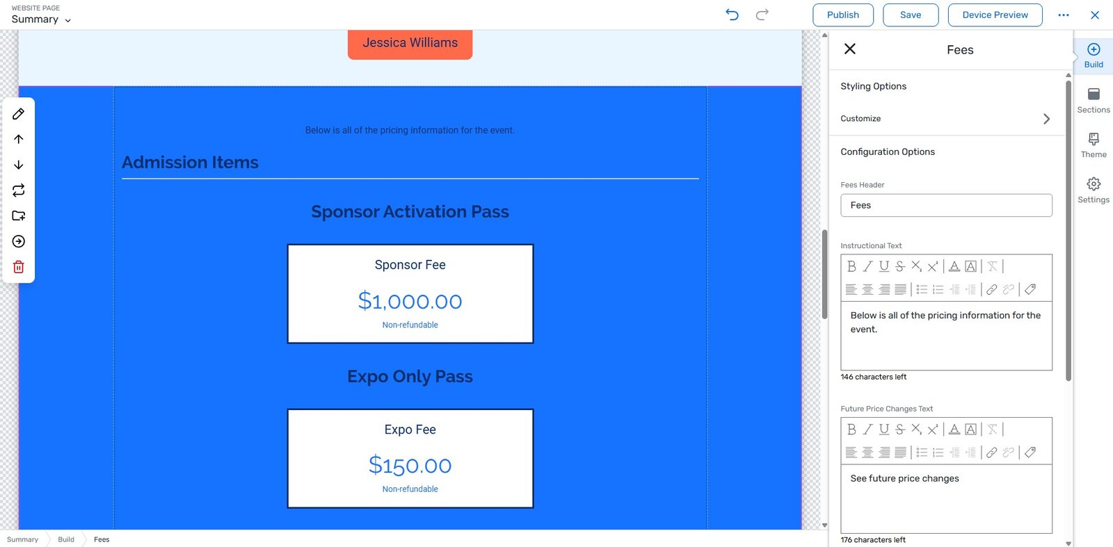 Cvent Fees widget displaying session prices without taxes or service fees | Attendeegain