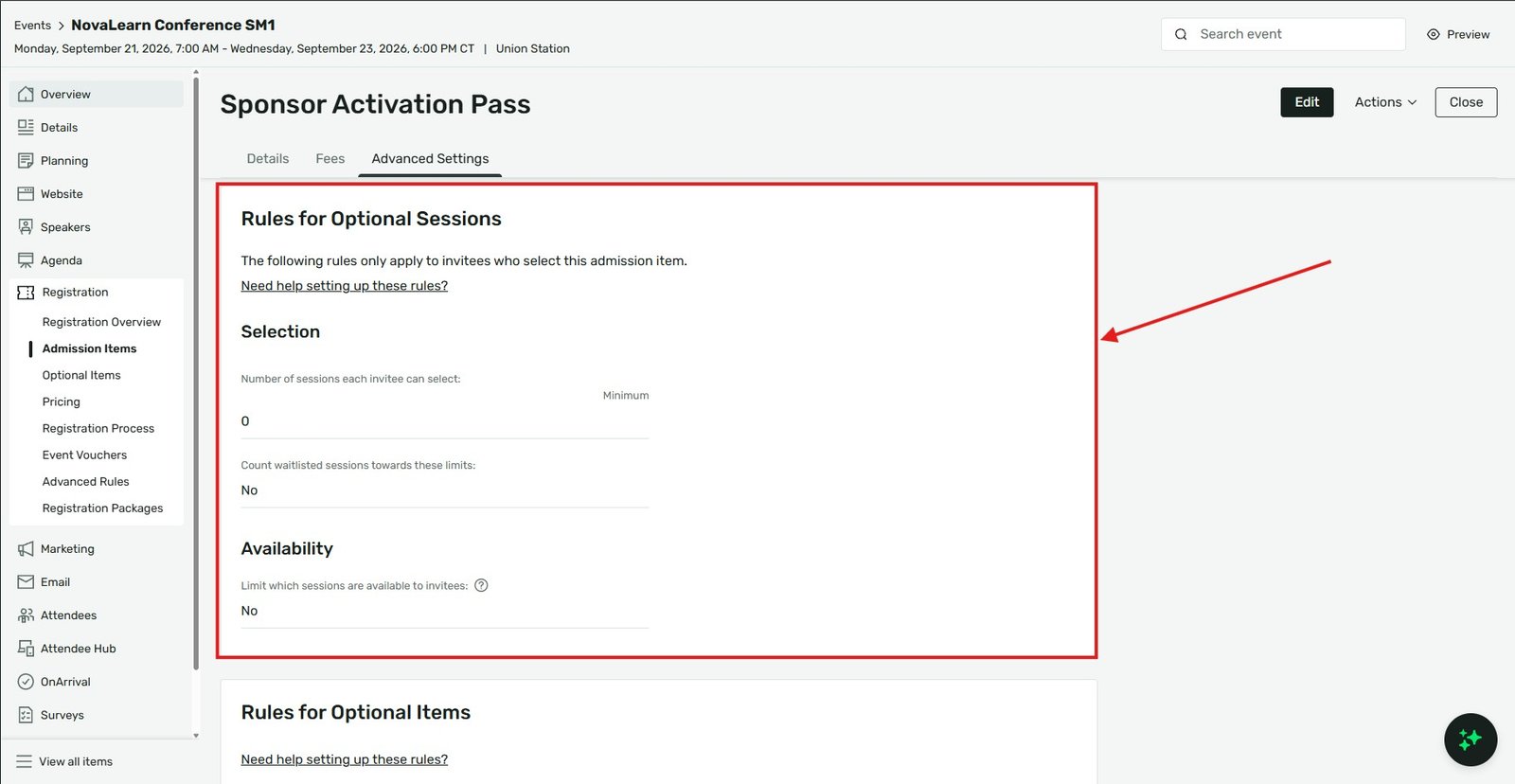 Limiting which sessions are visible per admission item in Cvent | Attendeegain